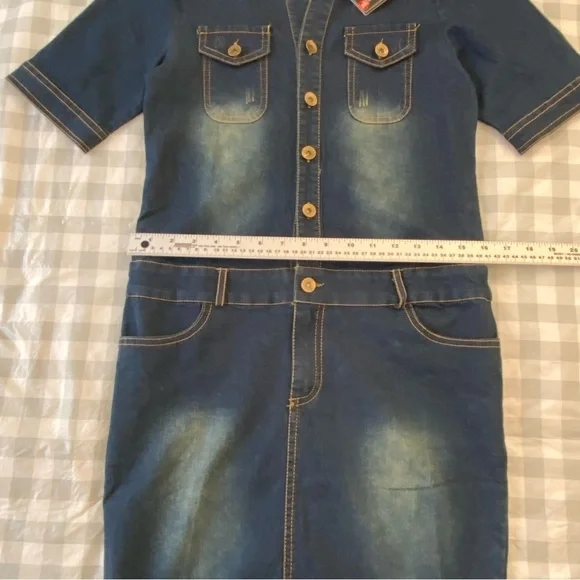 Mida denim mini dress lightweight distressed blue jeans button up closure small - Picture 12 of 16